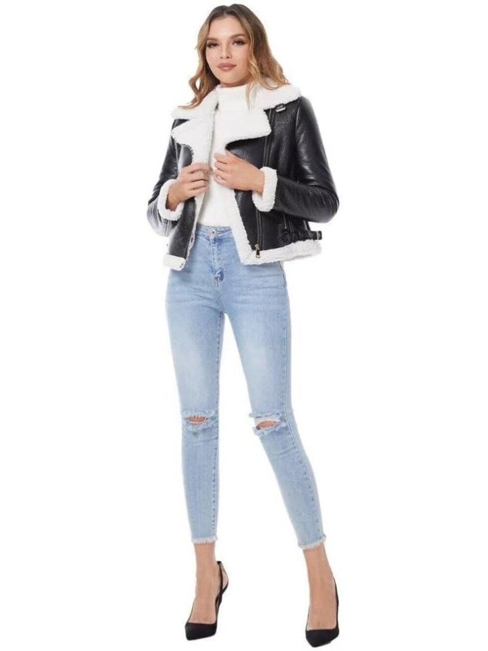 Women's Black Polyurethane Faux Shearing Moto Thick Lined Winter Leather Jacket - Picture 3 of 4